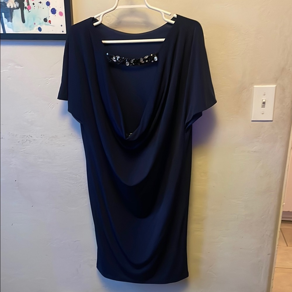 MARINA Blue Embellished Mini Sheath Dress with Dolman Sleeves